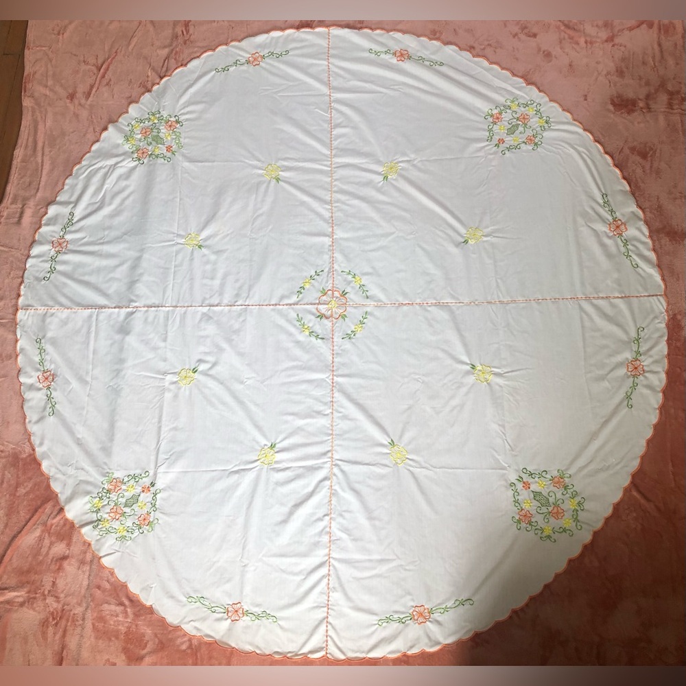 Vintage 75” Round Embroidered Yellow Orange Floral Ivory Table Cloth